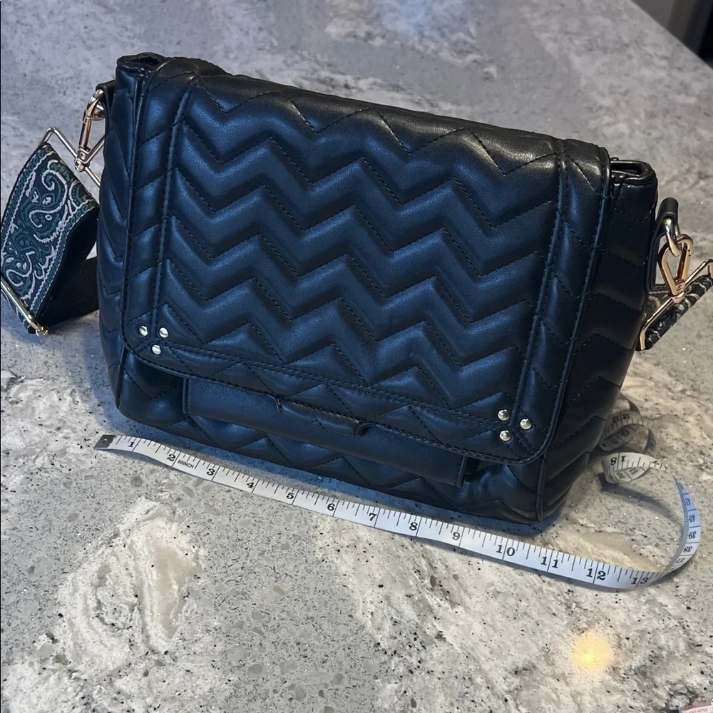 Black Quilted Chevron Crossbody Bag with Guitar style strap 9” X 11” X 4”